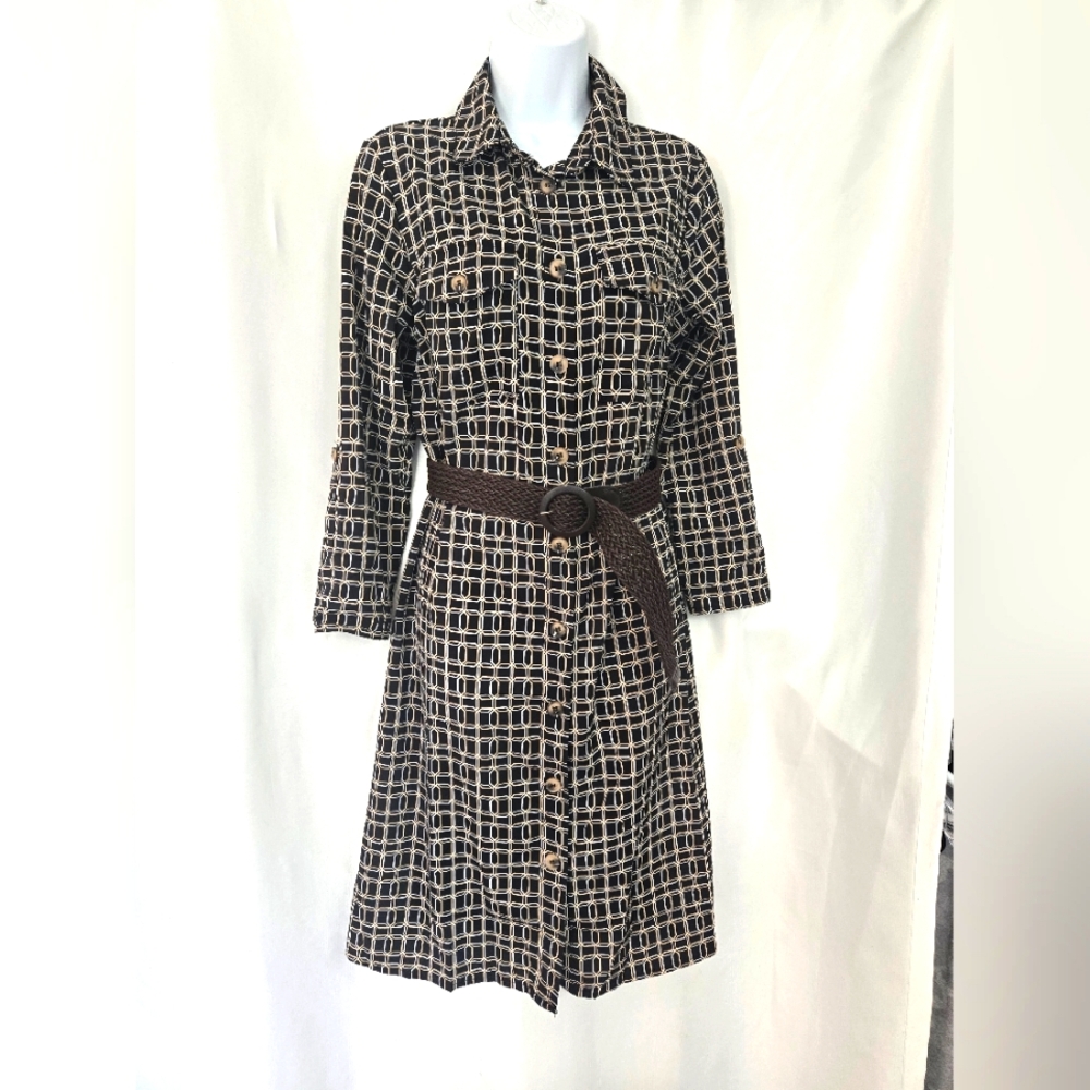 NY Collection Brown Print Fall Belted Shirt Dress. Size PM